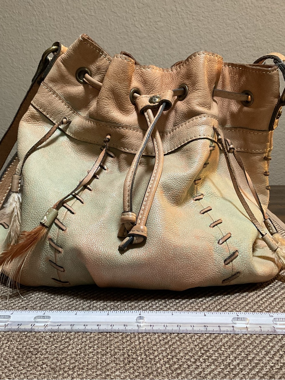 Patricia Nash Picerno Drawstring Crossbody Bucket Bag Feathers Italian Leather